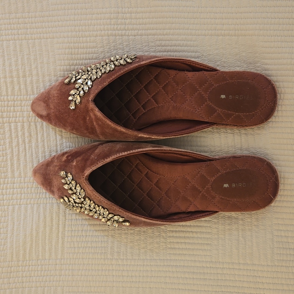 Birdies Bejeweled Pink Velvet Mules Size 8.5